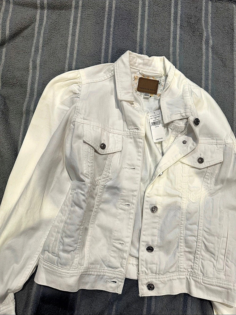 American Eagle Puff Sleeve Denim Jacket White Medium
